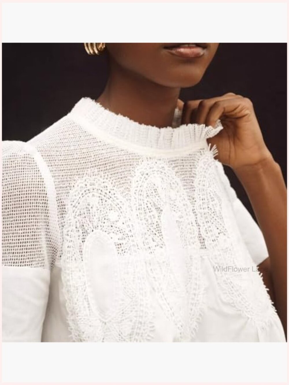 Lace-Detail Flared Blouse Short-Sleeve Crew Neck Poplin Mesh Swing Top - Picture 5 of 7